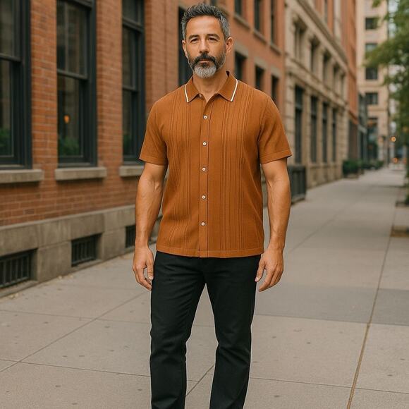 NWT PJ Paul Jones Men's Textured Retro Knit Short Sleeve  Collar Button-Down - Picture 1 of 6